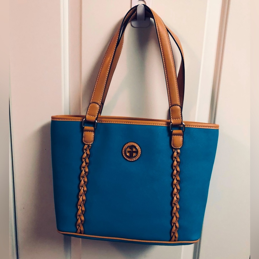 Elegant Blue and Tan Tote with Leather Like Handles